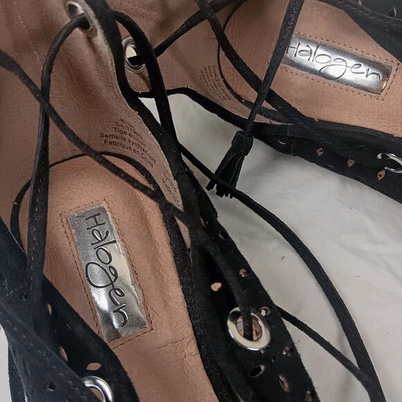 NWT HALOGEN Black LEATHER Suede LASERCUT Lace Up TASSLE Ballet Flats Sz 8.5 M - Picture 9 of 14